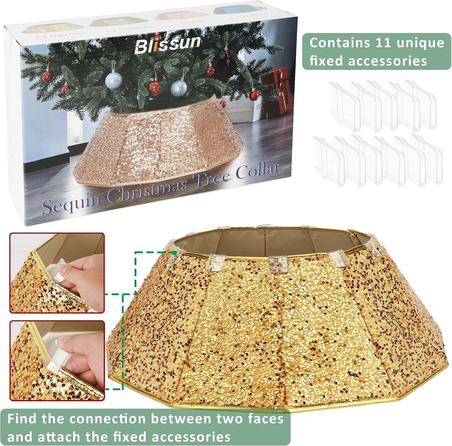 Blissun Collar de árbol de Navidad, falda de árbol de Navidad con lentejuelas, anillo plegable para árbol de Navidad, cubierta de base para árbol de