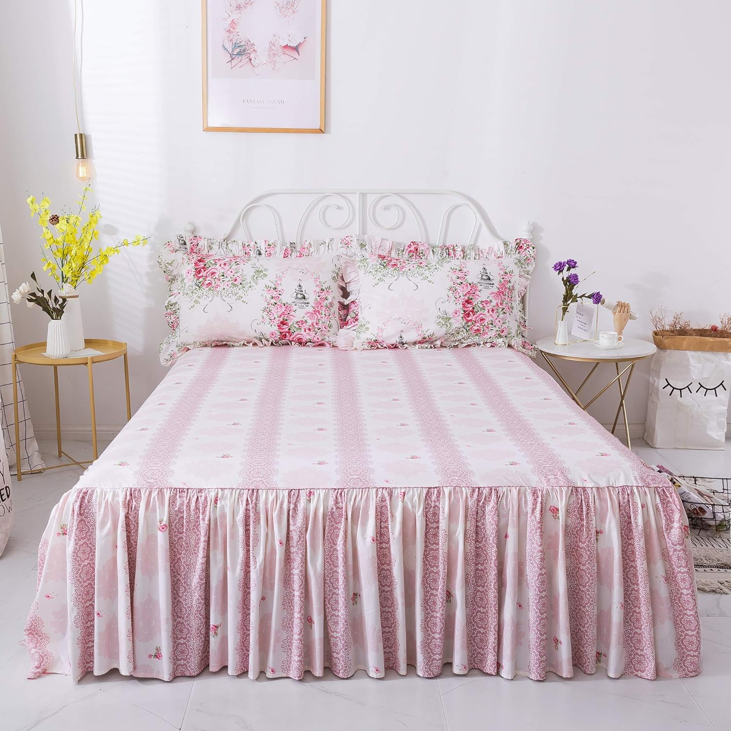 FADFAY Juego de funda de edredón, estilo floral elegante desgastado de roseta rosado, con cierre de cremallera oculto, 100% algodón, con falda de