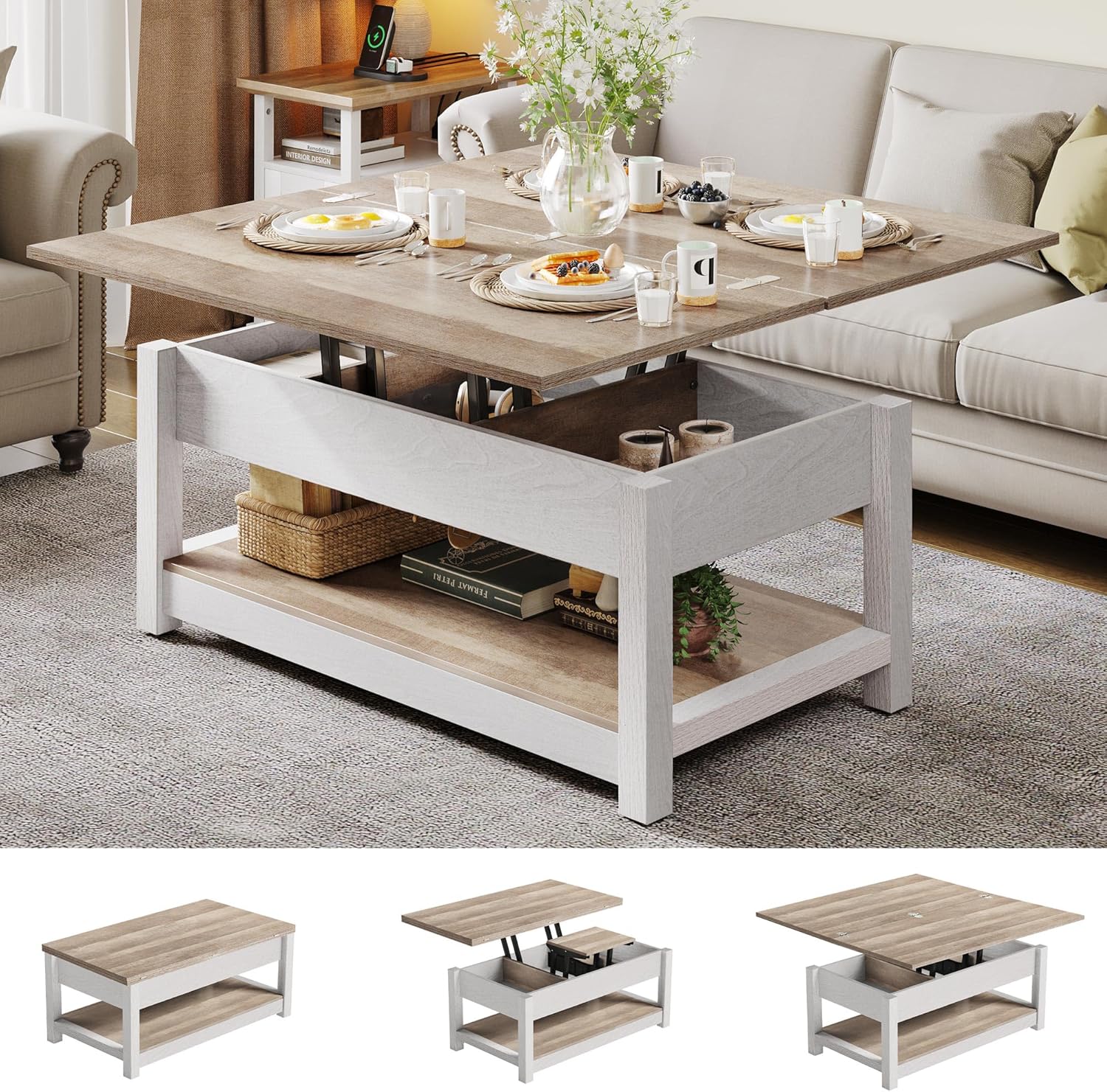 YITAHOME Mesa auxiliar elevable, 3 en 1, multifunción, con almacenamiento para sala de estar, mesa de comedor moderna de granja para sala de