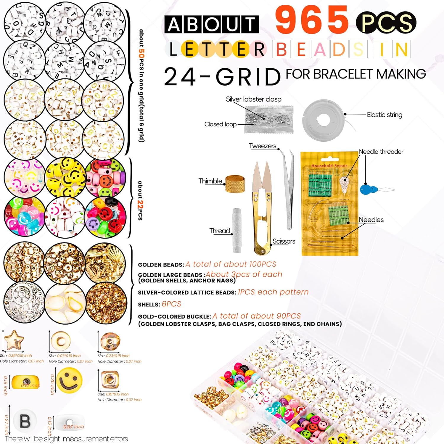 YUNAI Kit de cuentas de letras para hacer pulseras de amistad, 965 cuentas redondas del alfabeto con cuentas de estrella sonriente, juego de cuentas