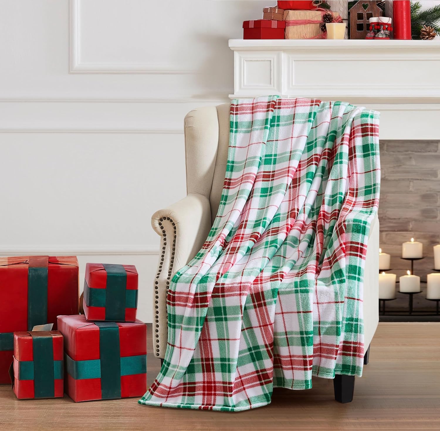 Serafina Home Manta navideña navideña terciopelo suave y duradero para cama o sofá (cuadros escoceses rojos y verdes rústicos, 50 x 60 pulgadas)