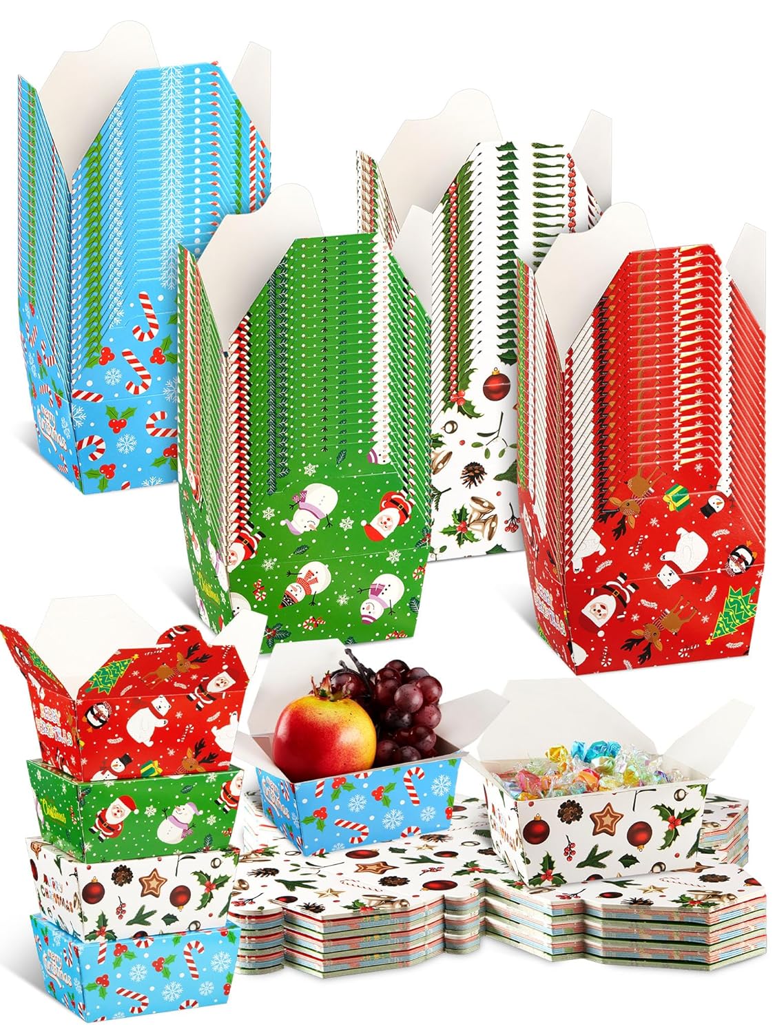 Paquete de 60 cajas de comida para llevar de Navidad de 2.56 x 4.65 x 3.54 pulgadas, cajas desechables de Navidad para llevar, cajas de regalo de