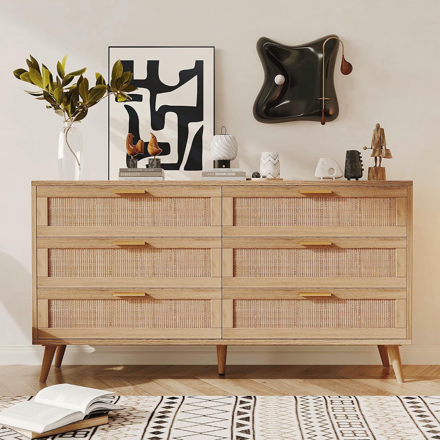 Rovaurx Cómoda doble de 6 cajones para dormitorio, cómoda de ratán, cómoda de madera moderna con asas doradas, mesa auxiliar para armario, sala de