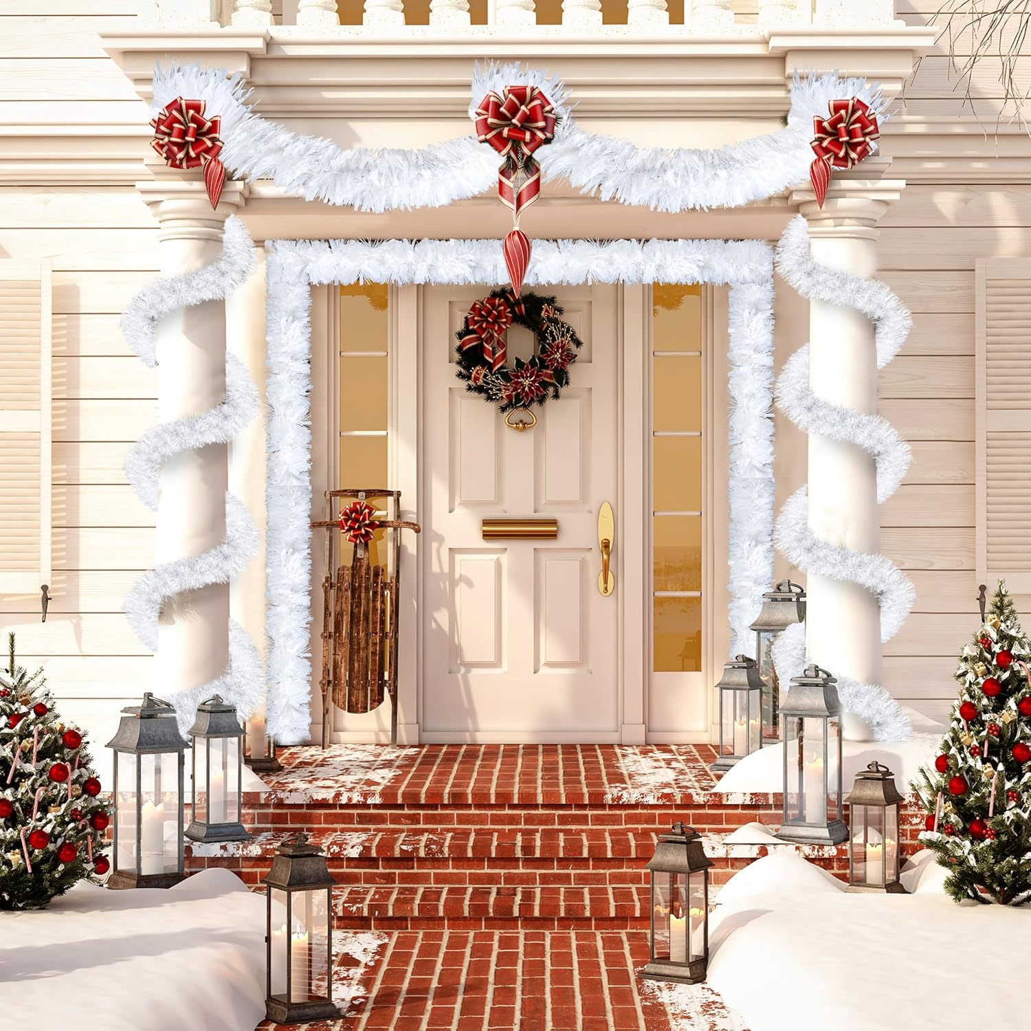 Sggvecsy Guirnalda de oropel blanca de Navidad de 49.2 pies, decoración de árbol de Navidad, guirnalda metálica giratoria para colgar en el techo,