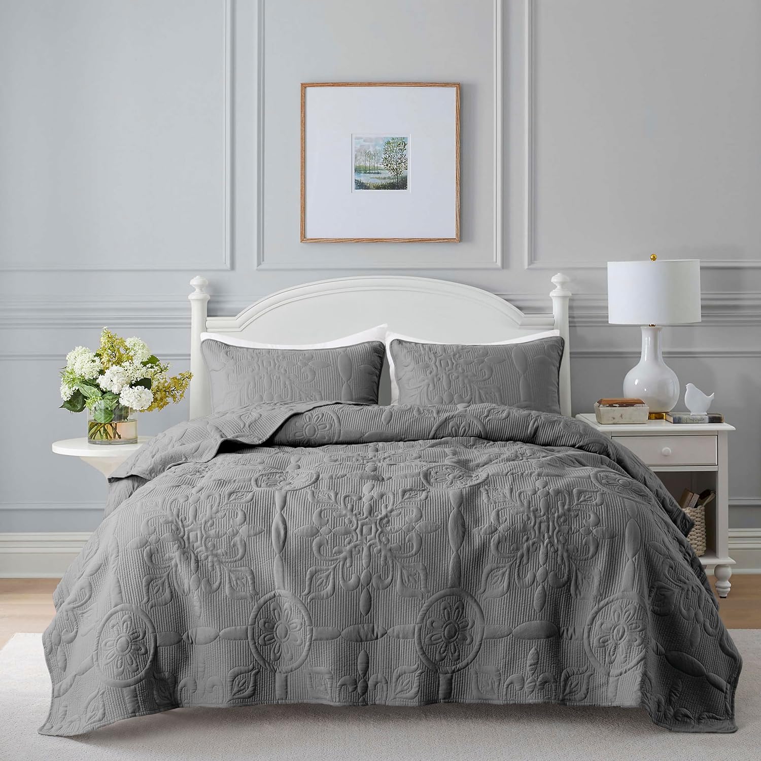 Juego de ropa de cama de damasco tamaño Queen con fundas de almohada, colcha bohemia ligera y suave, manta acolchada gris, funda de edredón fina