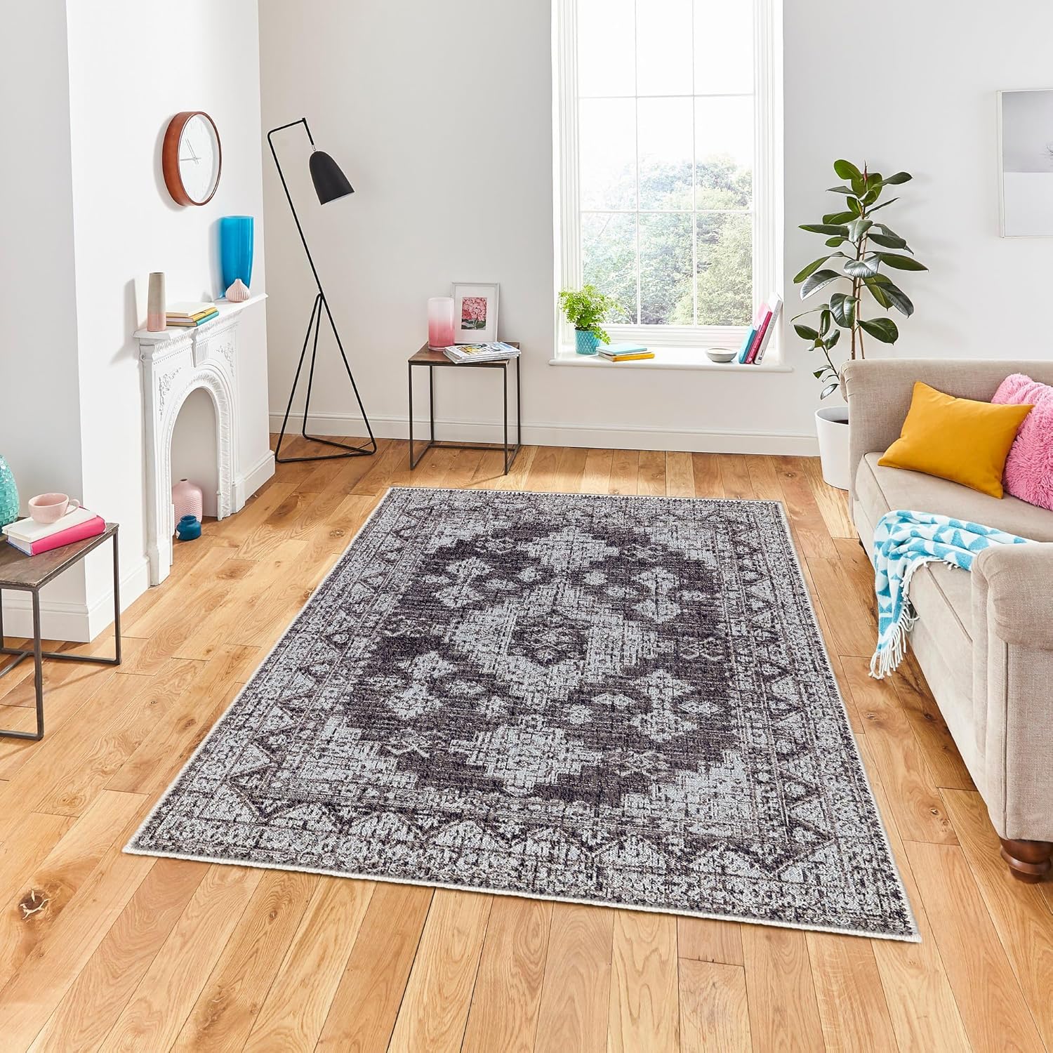 HomeNette Alfombras de área lavables, de 3 x 5, color negro, con parte trasera antideslizante, resistente a las manchas, plegable, bohemia lavable a