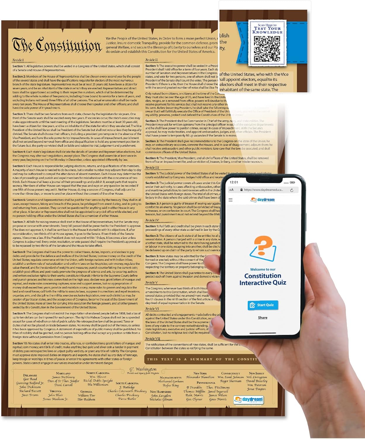 Daydream Education Póster de la Constitución de los Estados Unidos, versión legible, póster laminado de historia estadounidense con cuestionario