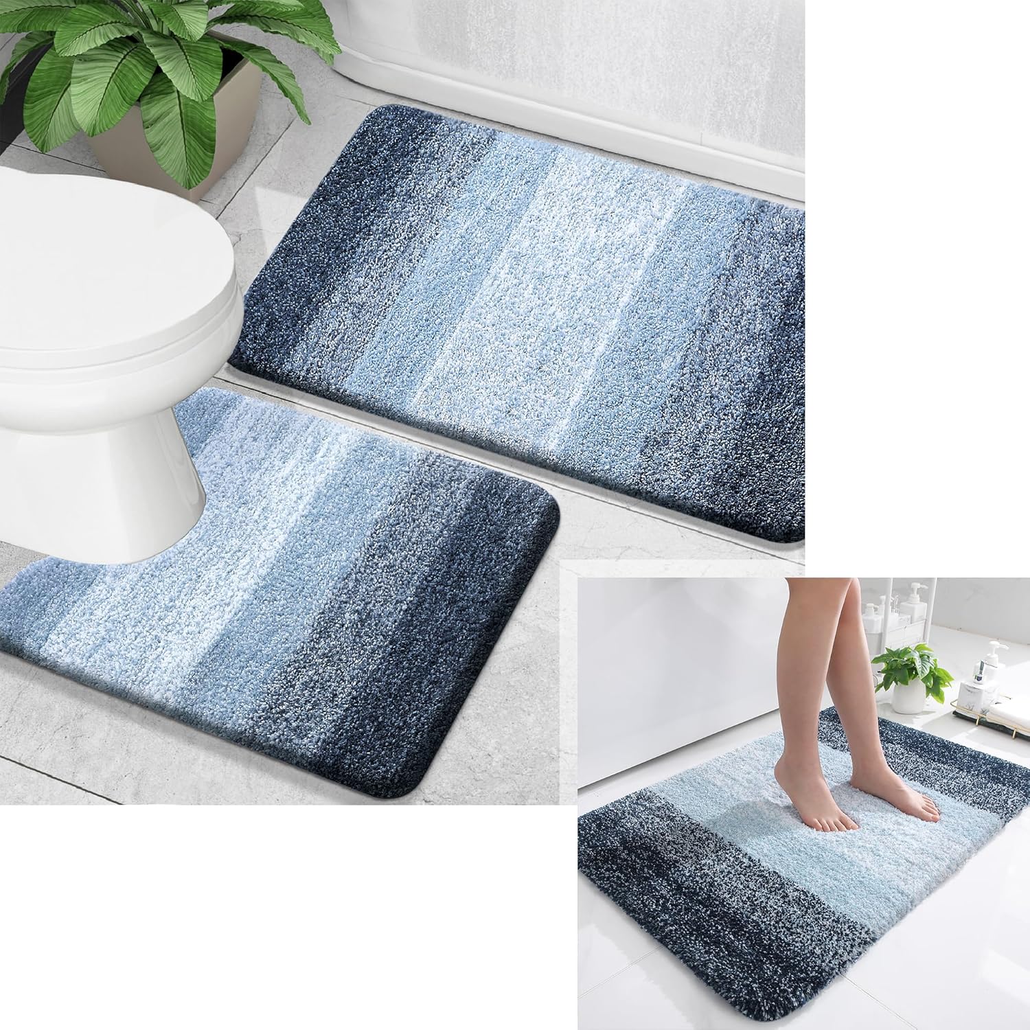 OLANLY Juego de 2 alfombras de baño y alfombras de baño ombré, tamaño 36 x 24 pulgadas y juego de alfombras de baño 30 x 20 + 24 x 20 pulgadas,