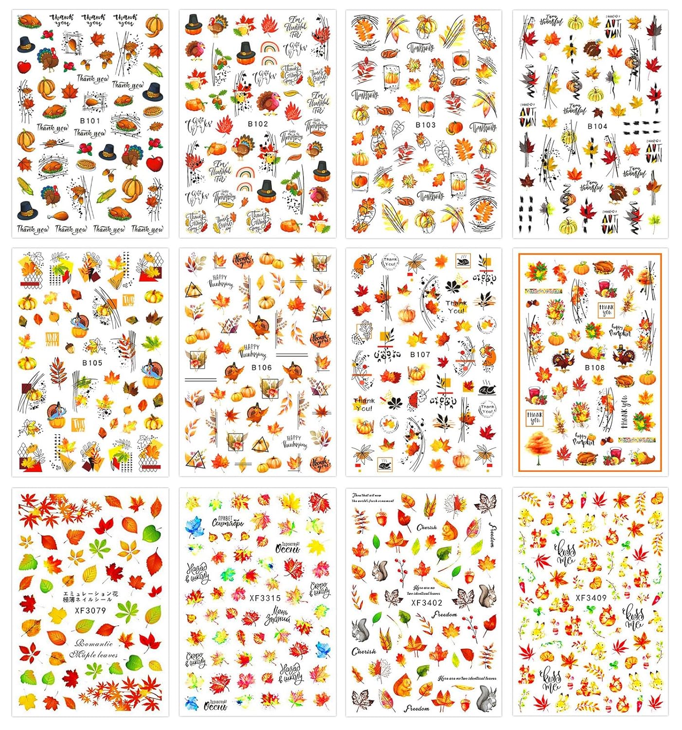 JMEOWIO 12 hojas de calcomanías de arte de uñas de otoño y otoño, pegatinas autoadhesivas para uñas, calabaza, hoja de arce, Acción de Gracias,