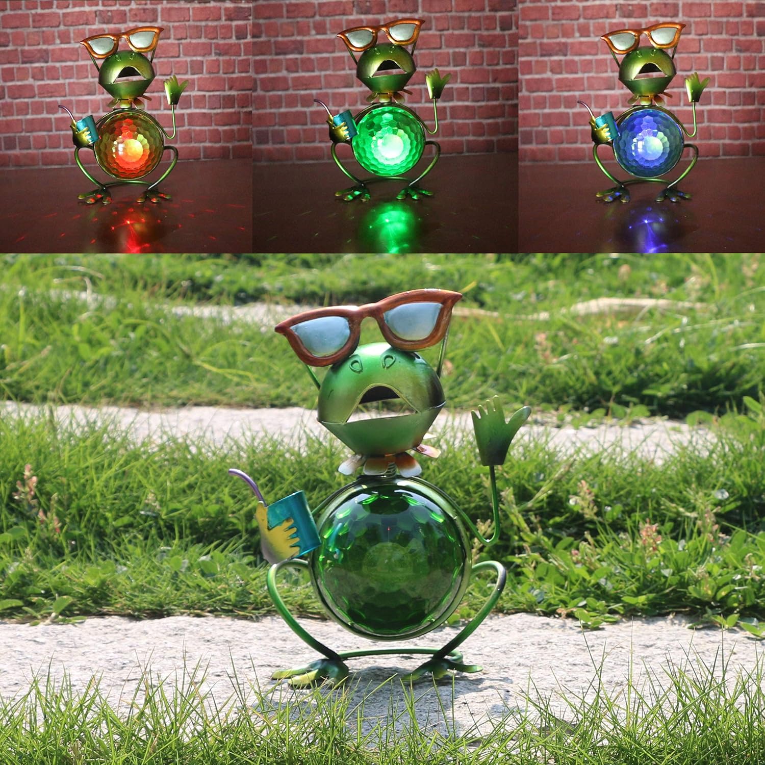 Adorno de rana de metal con luz solar, diseño de rana, adorno de césped de rana, decoración de interior y exterior, decoración de jardín para patio,