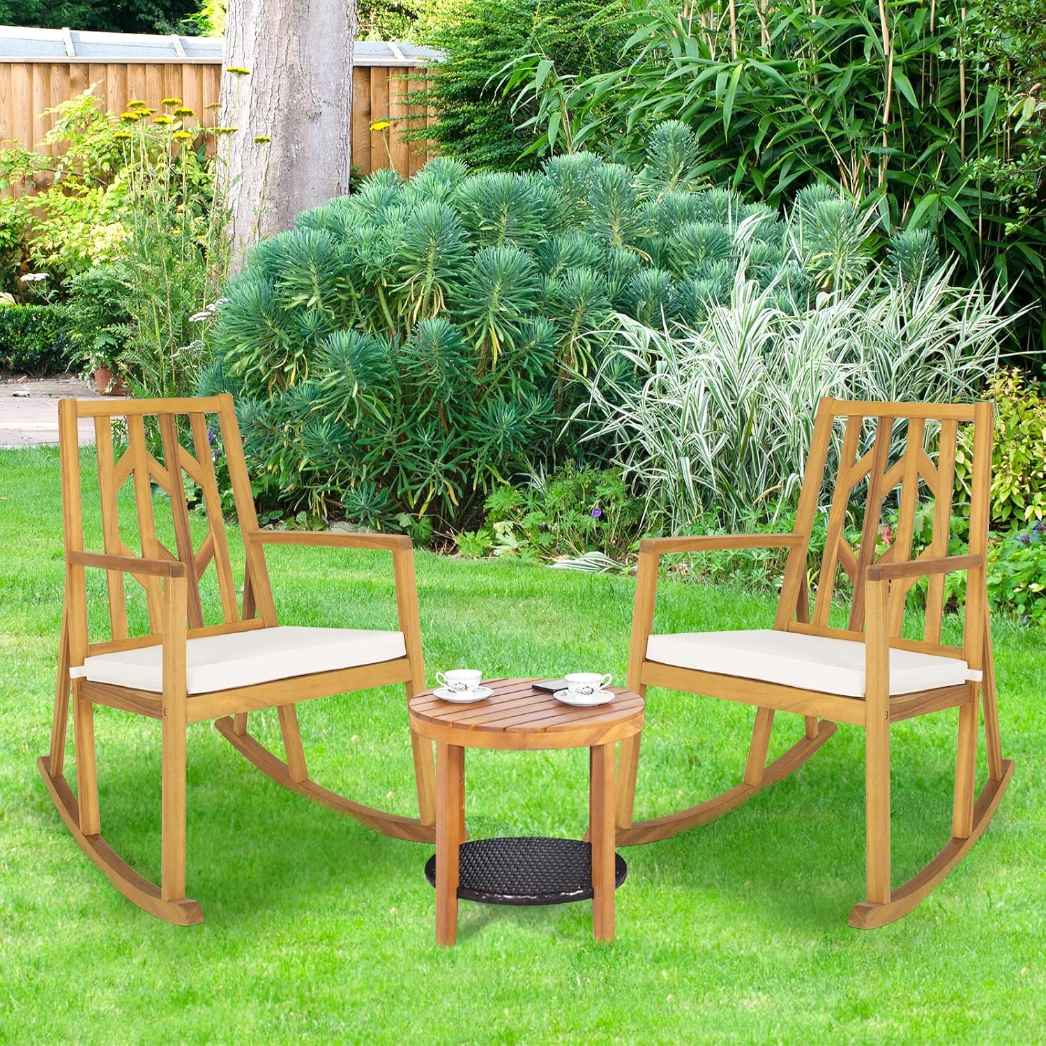 RELAX4LIFE Mecedora de madera para exteriores  Mecedora de patio de gran tamaño con respaldo alto, reposabrazos largo, cojín suave extraíble,