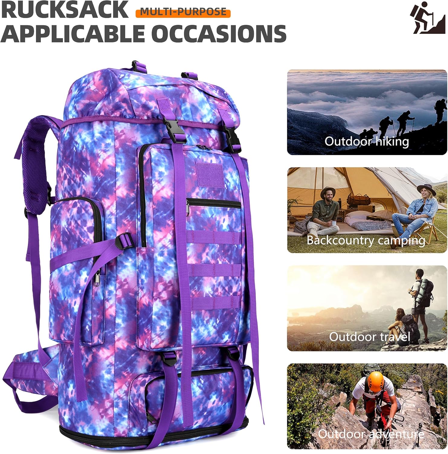 100L camping senderismo militar táctico mochila escalada al aire libre bolsas de deporte para acampar, mochilero, Púrpura (Purple Camo), Mochilas