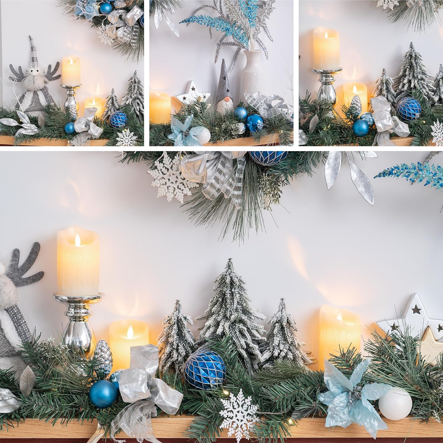 Valery Madelyn Guirnalda de Navidad preiluminada con luces para manto, guirnalda de Navidad iluminada a pilas de 6 pies con bolas plateadas azul