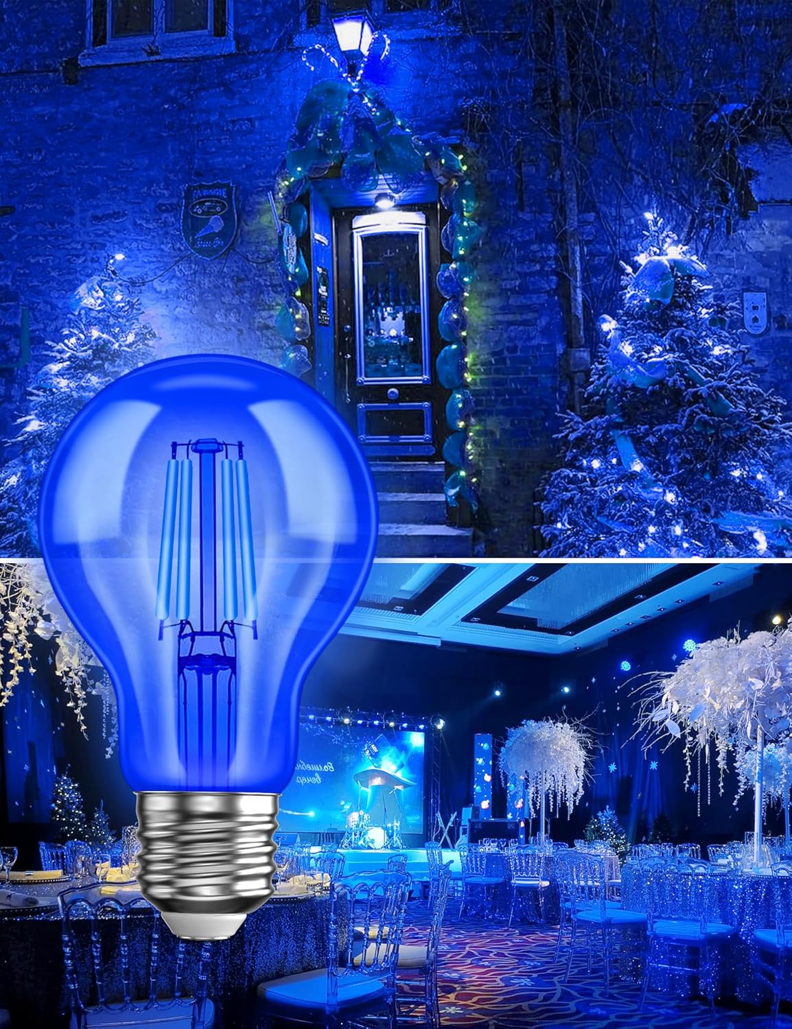 Bombillas azules, bombilla de filamento de vidrio azul, bombilla LED azul de 4 W, equivalente a 40 W, base E26, vidrio transparente, bombilla A19 de