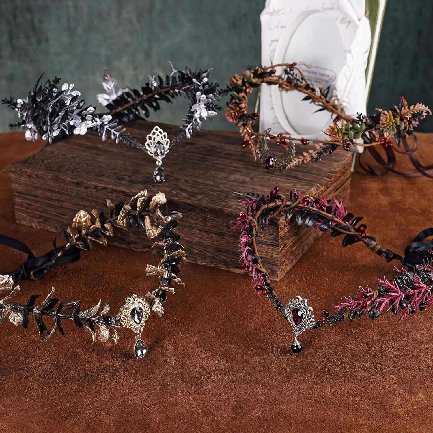 MOSTORY Diadema hecha a mano con corona de hada negra, diseño floral de elfo, accesorio de círculo elfo, para mujeres y niñas, renacentista, fiesta