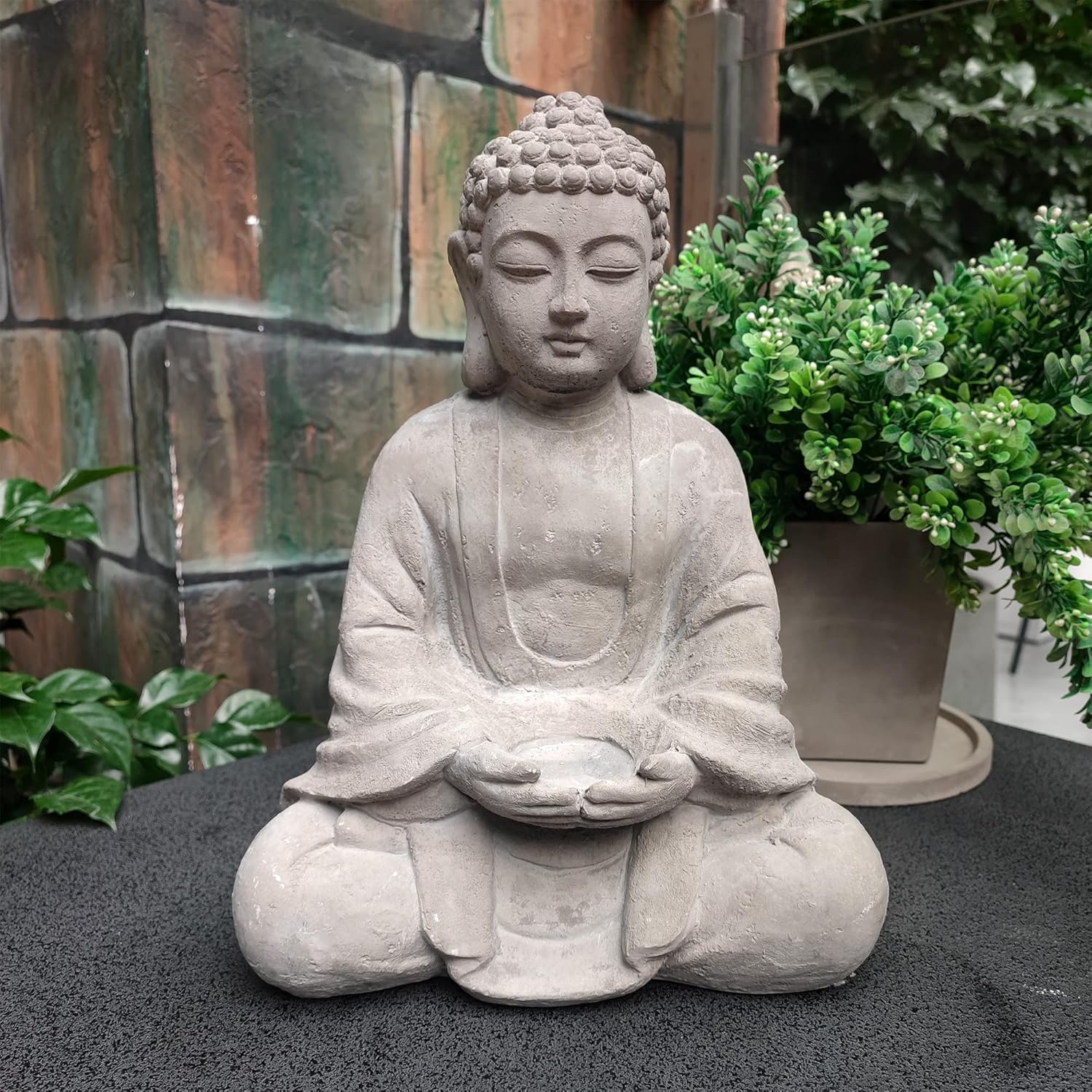 Kante Adorno de estatua de Buda meditadora compuesta de cemento de 14.17 pulgadas de alto, decoración de mesa de hormigón natural para interiores y