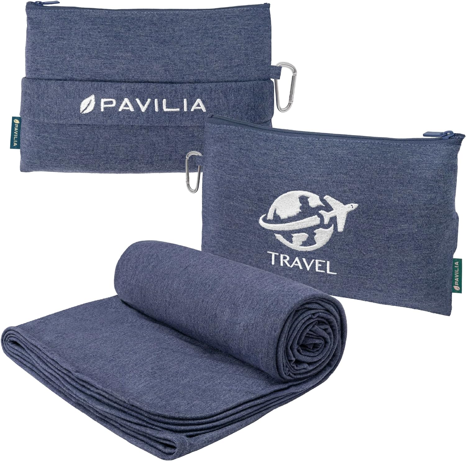 PAVILIA Manta y almohada de viaje suave y compacta, manta plegable de avión en bolsa, juego de manta de vuelo portátil ligera con correa de