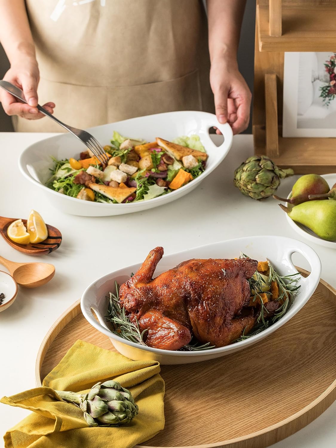Juego de cuencos de porcelana para servir grandes con asas, juego de ensaladas para ramen, cereales, pasta, ensalada y fruta, apto para lavavajillas
