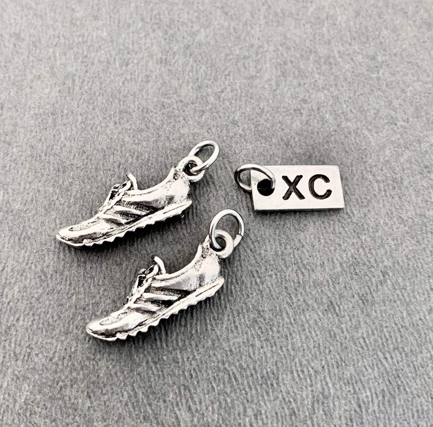 Pewter Running SHOE XC Charm Set – Pair of Running Shoe Charms – 2 Pewter Running Shoe Charms and 1 Pewter XC Charm in Organza Bag – All Pewter XC