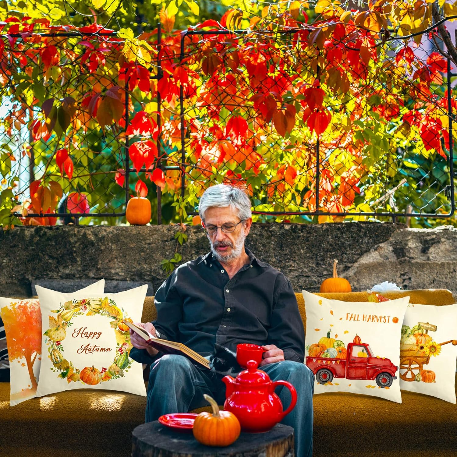 Paquete de 6 fundas de almohada de otoño de 18 x 18 pulgadas, fundas de almohada de cosecha de calabaza, hojas de arce, calabaza, bicicleta, camión,