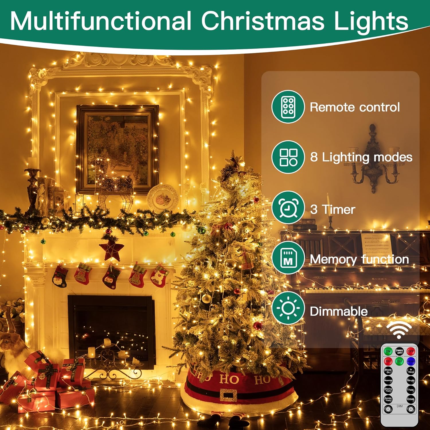 1000 luces LED de Navidad para exteriores, 328 pies, 8 modos, impermeables, con control remoto y temporizador, luces blancas cálidas para bodas,