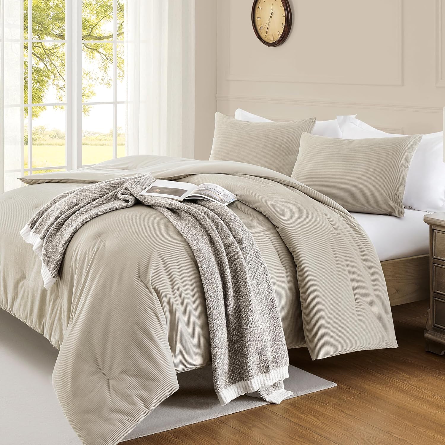 downluxe Juego de edredón de pana tamaño individual color beige, 2 piezas de edredón de pana de poliéster ultrasuave para niños, juego de edredón