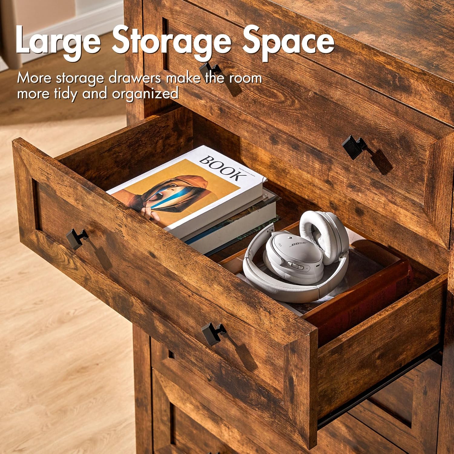 VanAcc Cómoda de 5 cajones altos para dormitorio, cómoda con textura de grano vintage, cómoda de madera de granja para dormitorio, sala de estar,