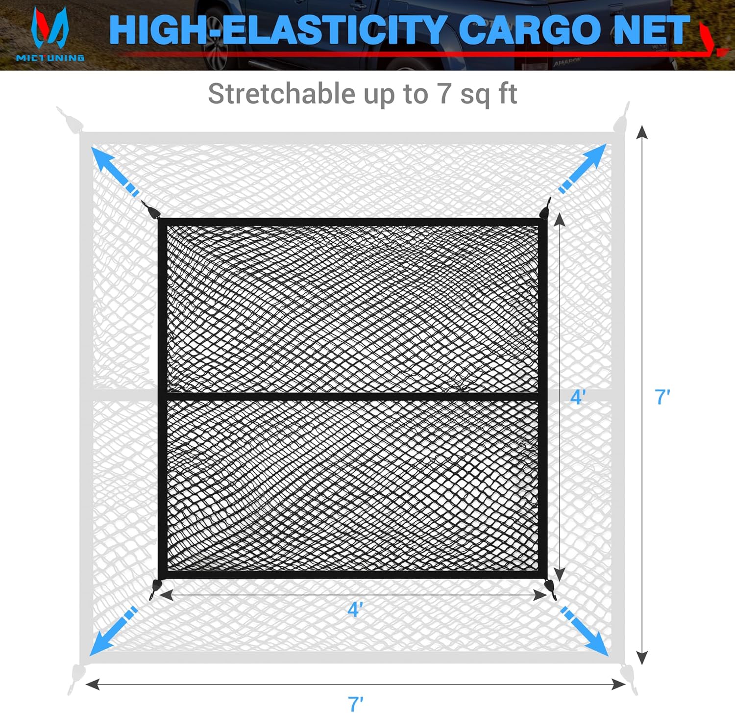MICTUNING Red de carga para caja de camión, red de carga altamente elástica de 4 x 4 pies, organizador de malla elástica de hasta 7 x 7 pies para
