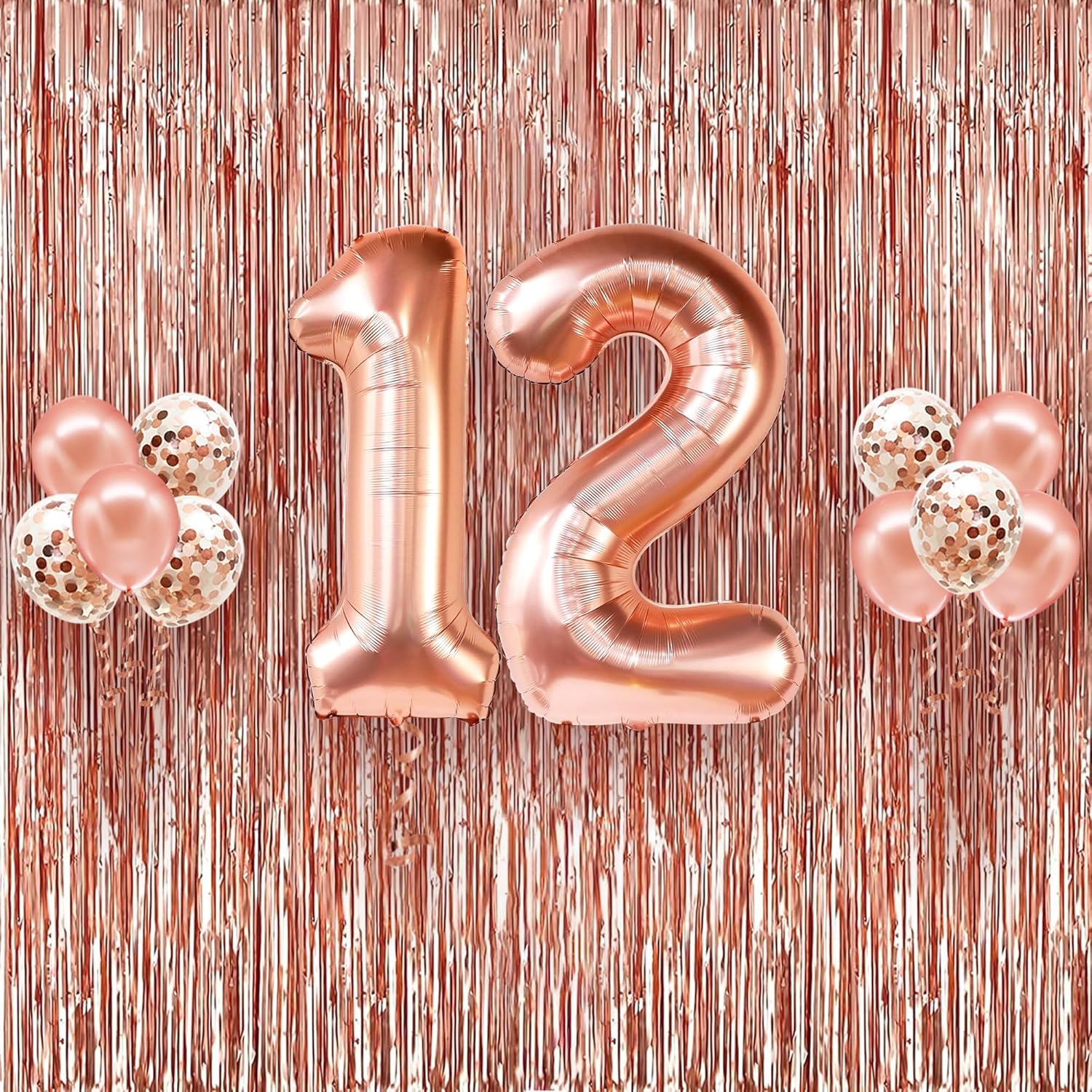 KatchOn, Cortina de flecos de oro rosa extra grande  Paquete de 2  Fondo de oro rosa, globos de 12 cumpleaños  Globos de oro rosa con el número 12