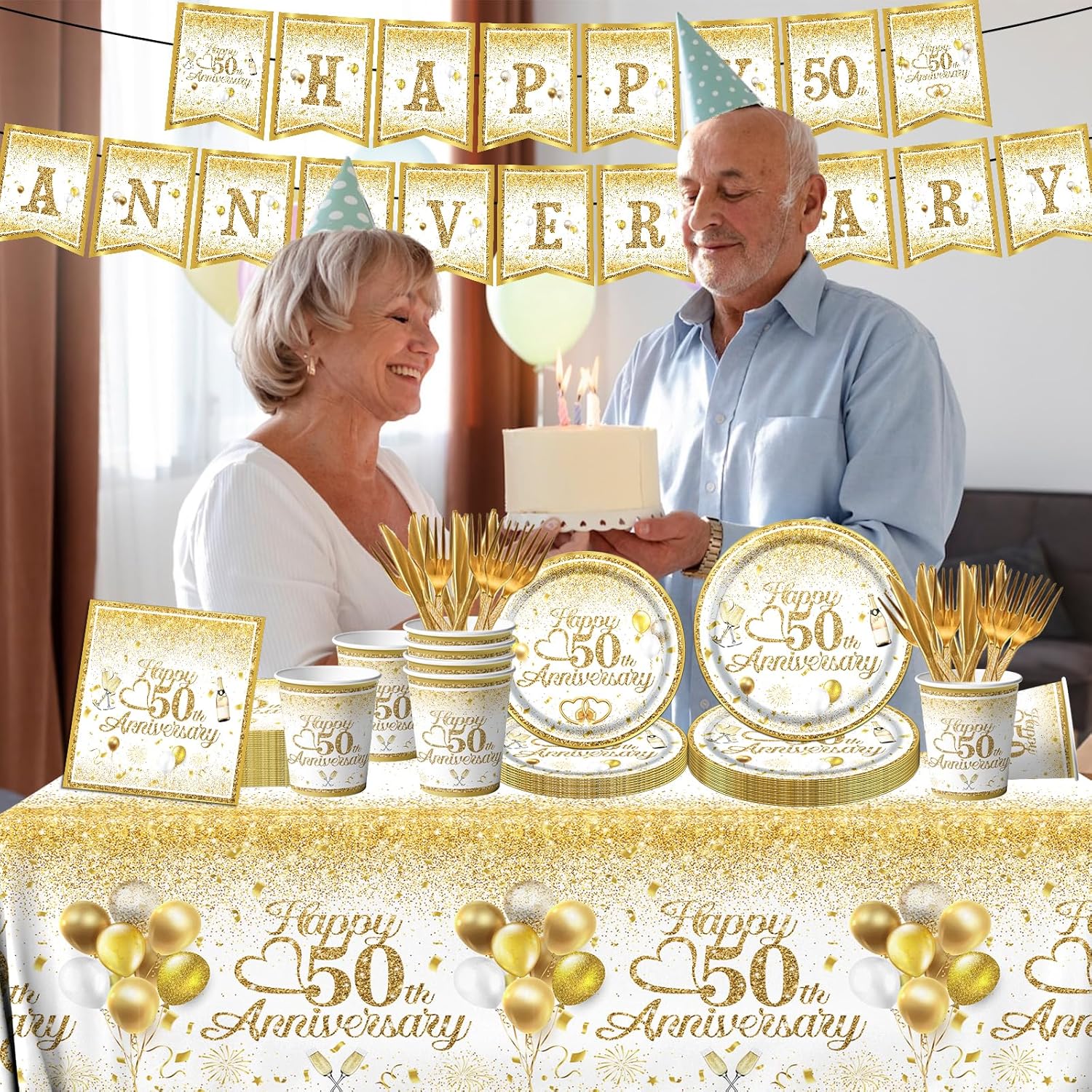 Dydamud Decoraciones de aniversario de boda, el juego de vajilla de feliz aniversario del 50 aniversario incluye platos y servilletas con purpurina