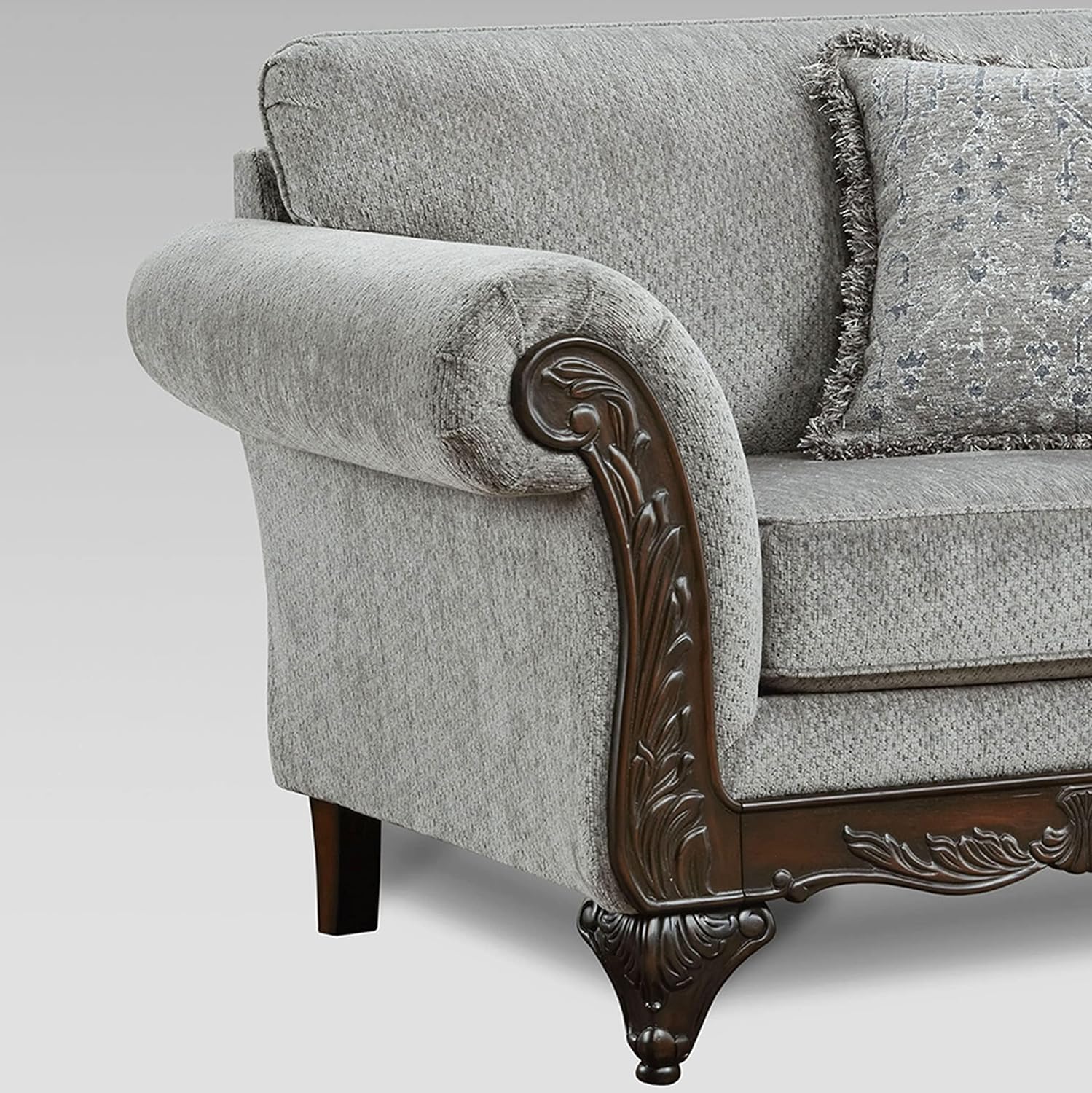 Roundhill Furniture Hernen – Juego de sofá y sofá biplaza con marco de madera tallada, color gris