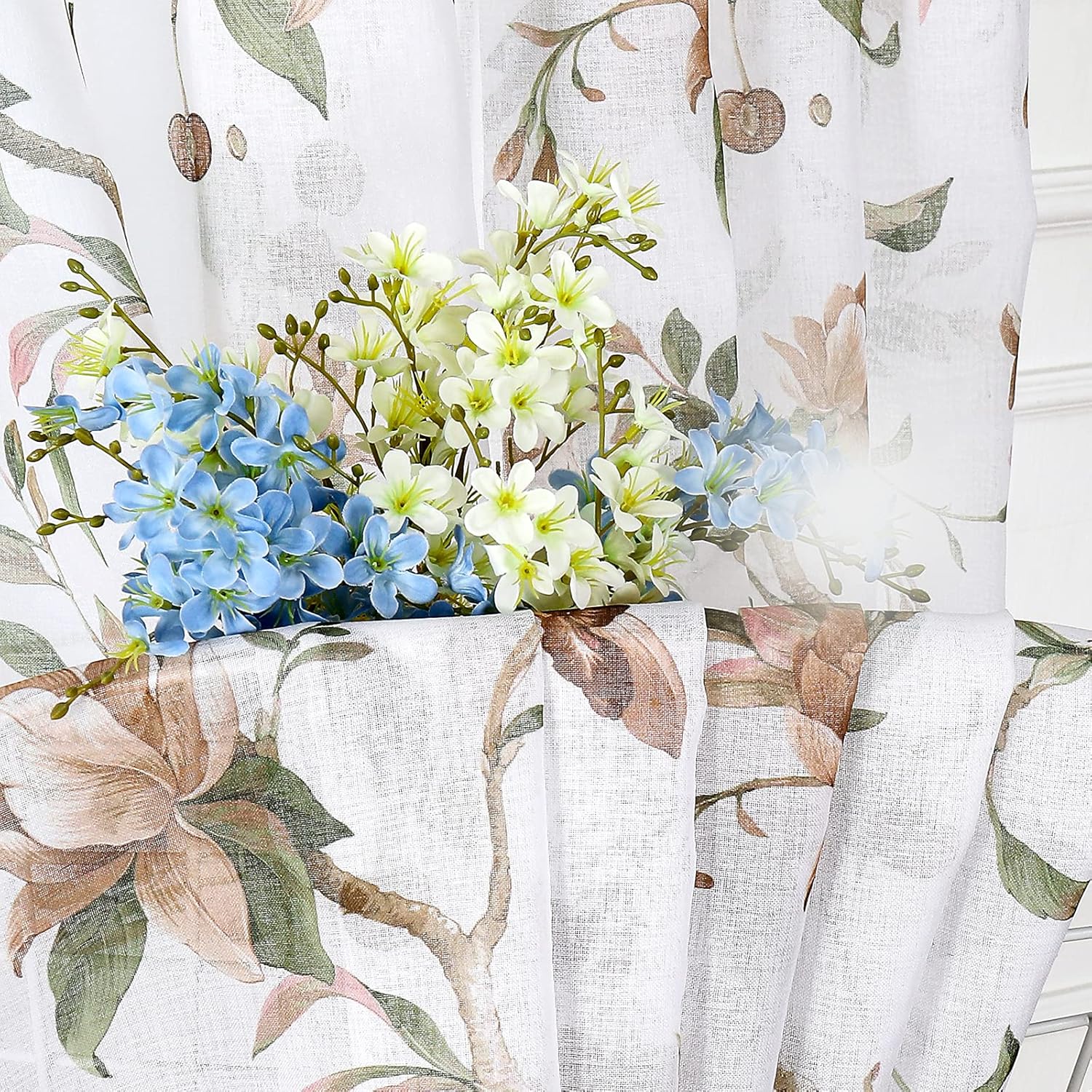 Tollpiz Cortinas traslúcidas con estampado floral de cerezo y mariposa, cortinas para sala de estar, cortinas con bolsillo para barra, aspecto de
