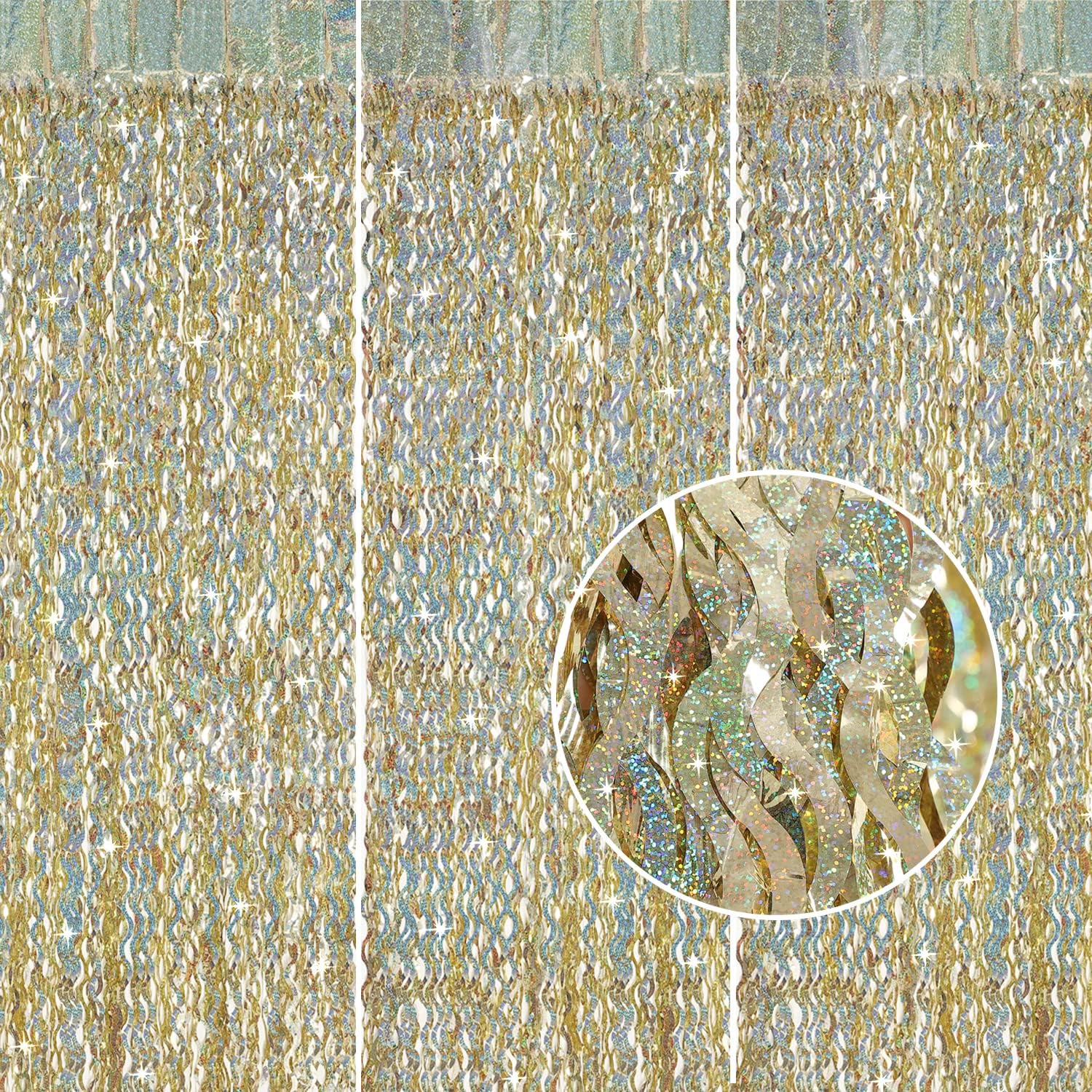 Telón de fondo de flecos de papel de aluminio dorado champán, paquete de 3 cortinas de fondo de 3.3 pies x 6.6 pies para decoración de fiesta de