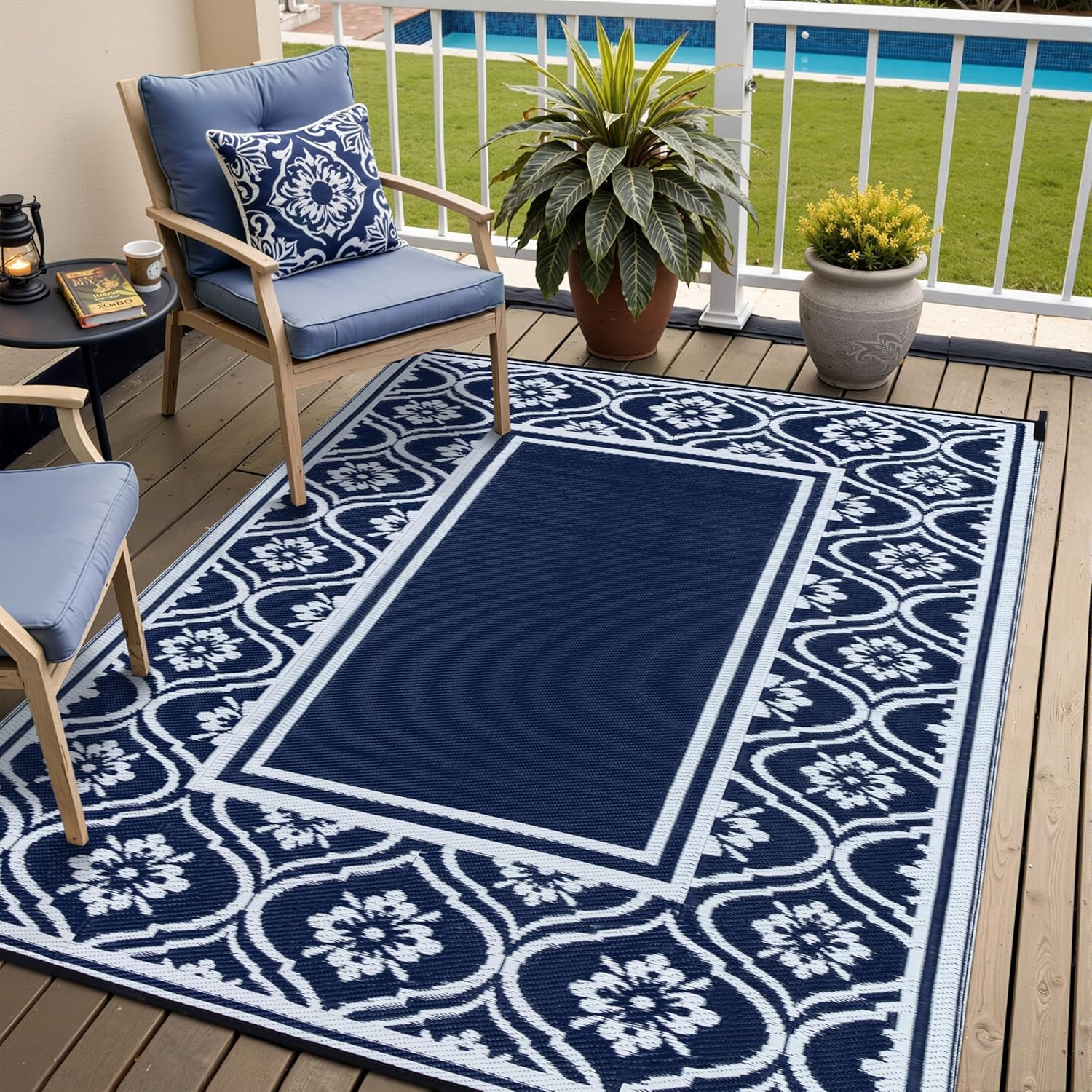 Alfombra de patio al aire libre, 5 x 8 pies, impermeable, alfombra de paja de plástico reversible azul para caravana, cubierta, camping, entrada,