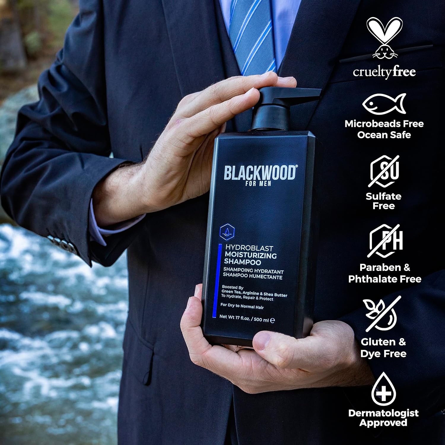 BLACKWOOD FOR MEN Paquete de cuidado del cabello Champú Hidratante Hydroblast (17 oz), Acondicionador Hidratante HydroBlast (4.59 oz), y masajeador