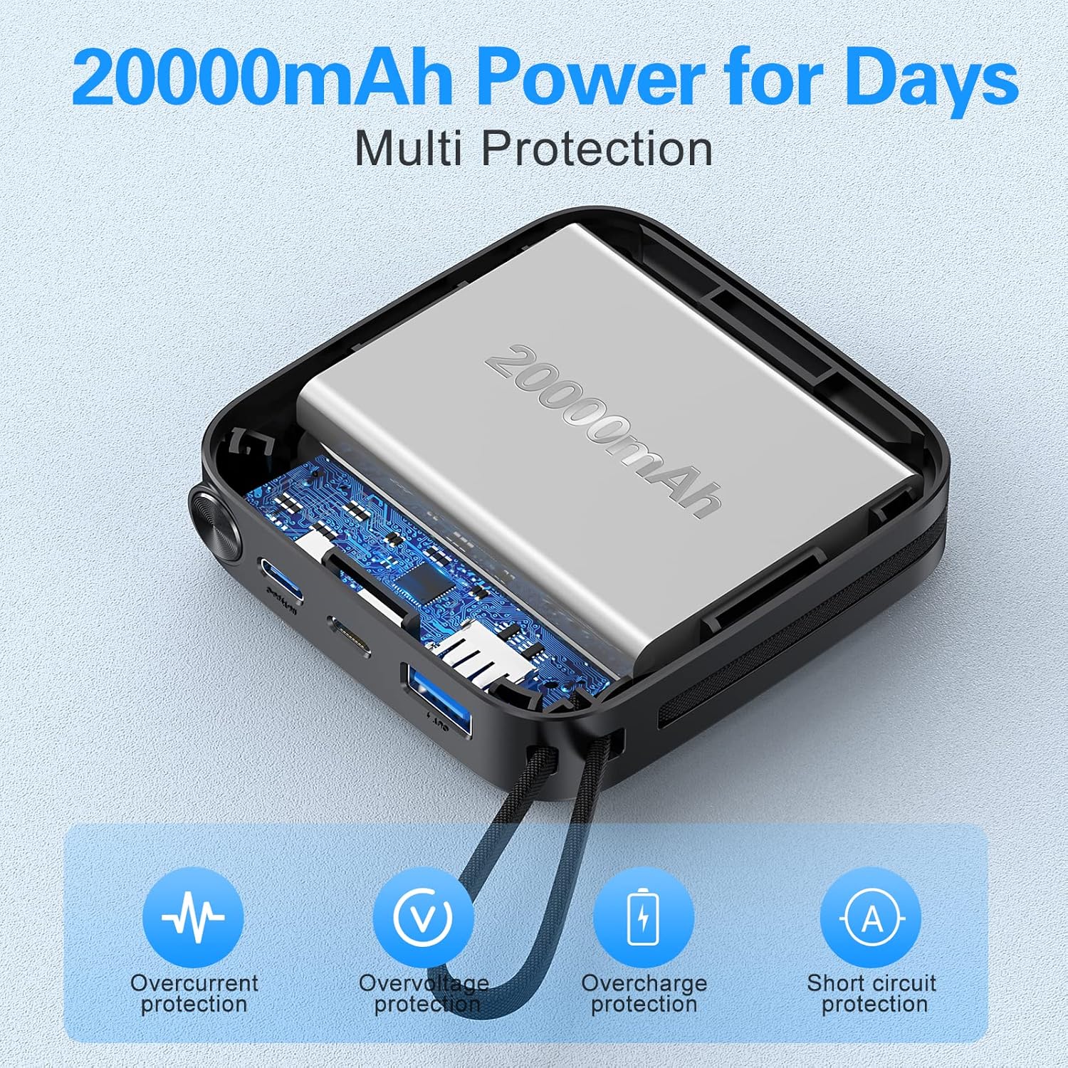 20000mAh Power Bank Carga rápida 22.5W 20W PD USB C Cargador portátil con cables integrados Batería externa universal Paquete de energía Banco de
