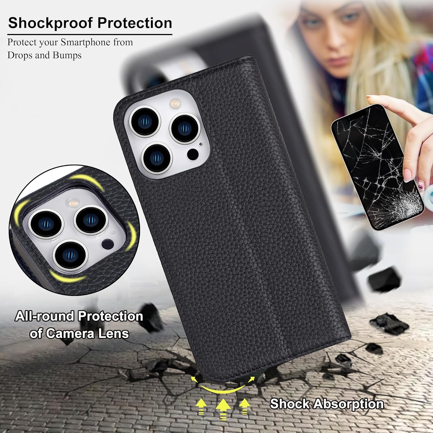 VISOUL Pebbled – Funda de piel auténtica para iPhone 15 Pro Max, funda tipo cartera con MagSafe y soporte para tarjetas, funda magnética con función