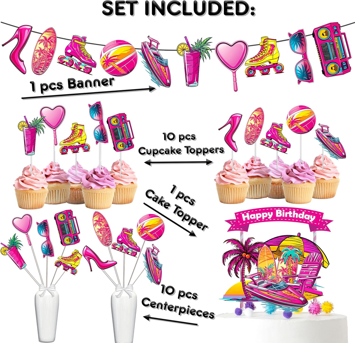Encantador juego de decoración de fiesta de cumpleaños de muñeca rosa, brilla y celebra con estilo