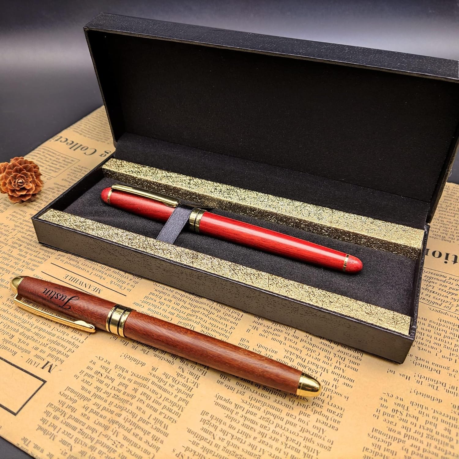 Bolígrafo de acción de perno personalizado, grabado gratis de madera + bolígrafo de metal con 2 repuestos, regalos personalizados para Navidad, día