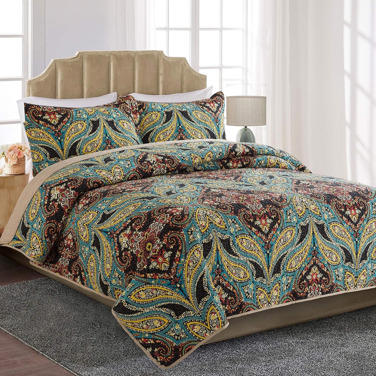 HoneiLife Juego de edredón tamaño individual  Colchas de algodón de 3 piezas con estampado de cachemira, colcha ligera, juego de ropa de cama cálida
