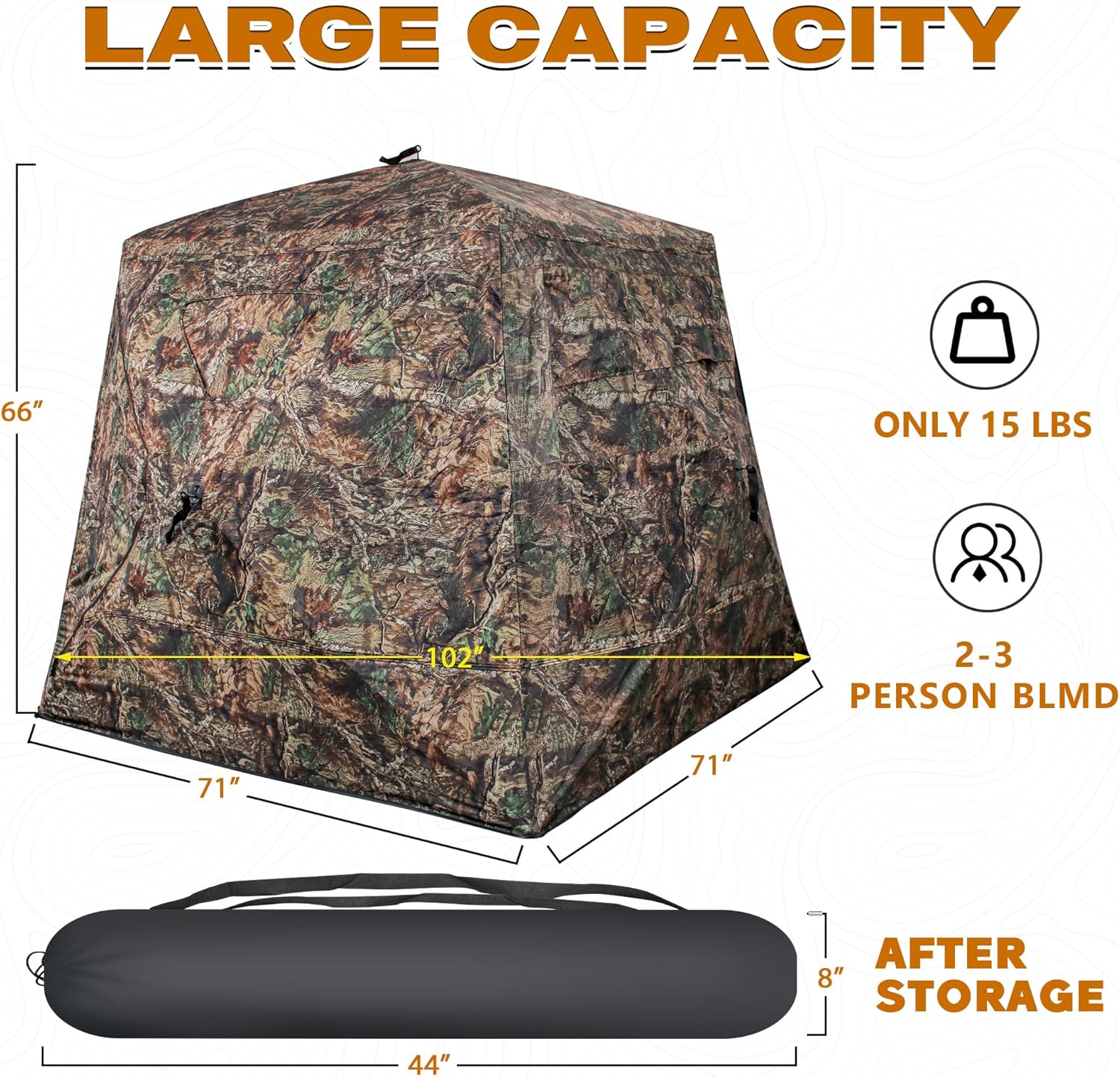 Persiana de caza en forma de T para 2-3 personas con taburete de caza de tres patas, persianas de tierra transparentes de 270 grados para caza de