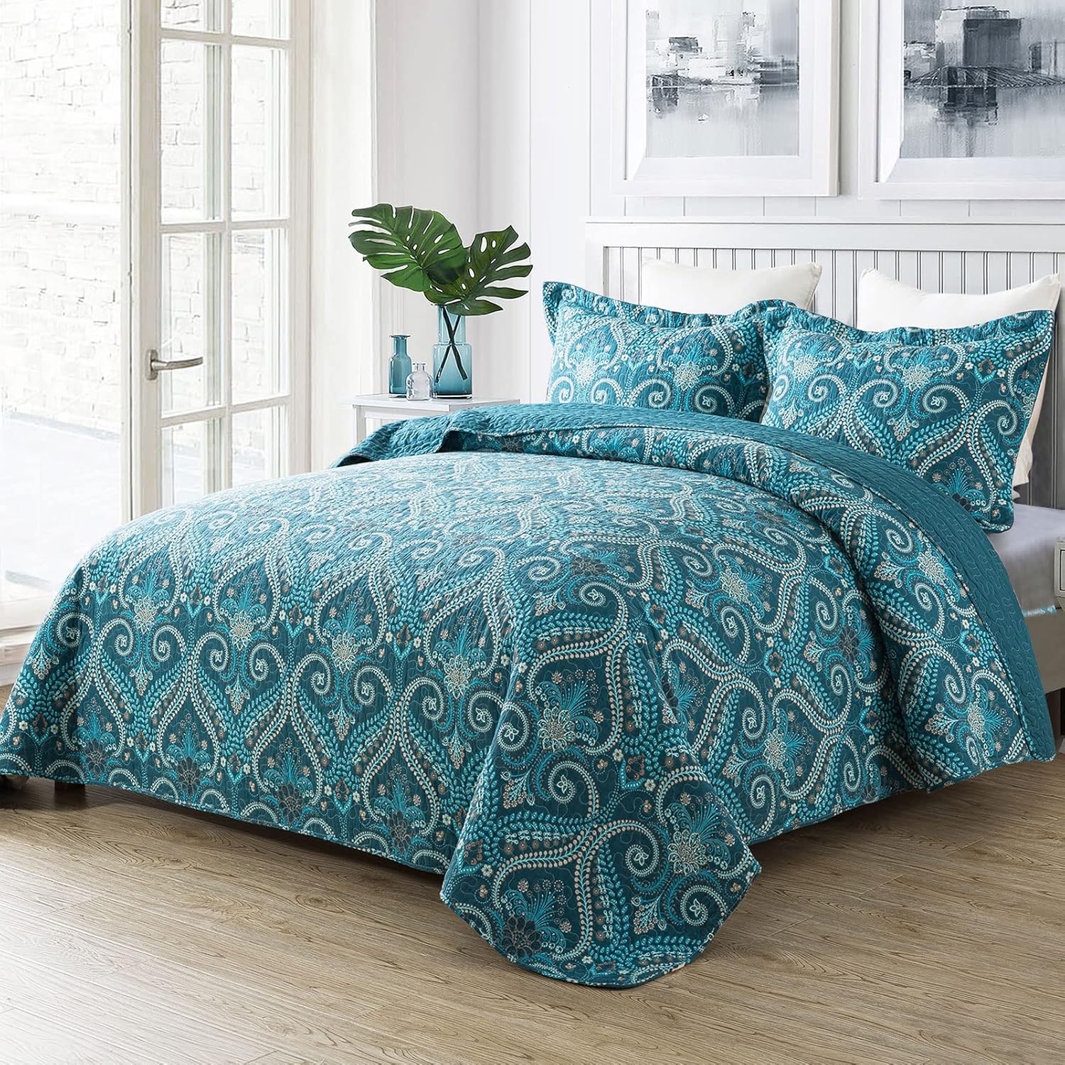 NEWLAKE Juego de colcha de algodón, juego de colcha reversible de retazos, estampado real clásico turquesa, tamaño Queen