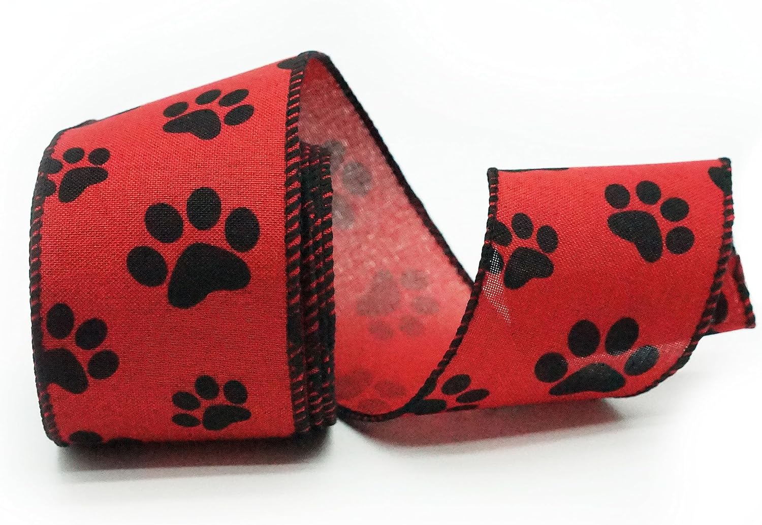 Cinta con borde con alambre con estampado de pata roja y negra, cinta de arpillera para perro, gato, mascota con cable para corona, 2.5 pulgadas x