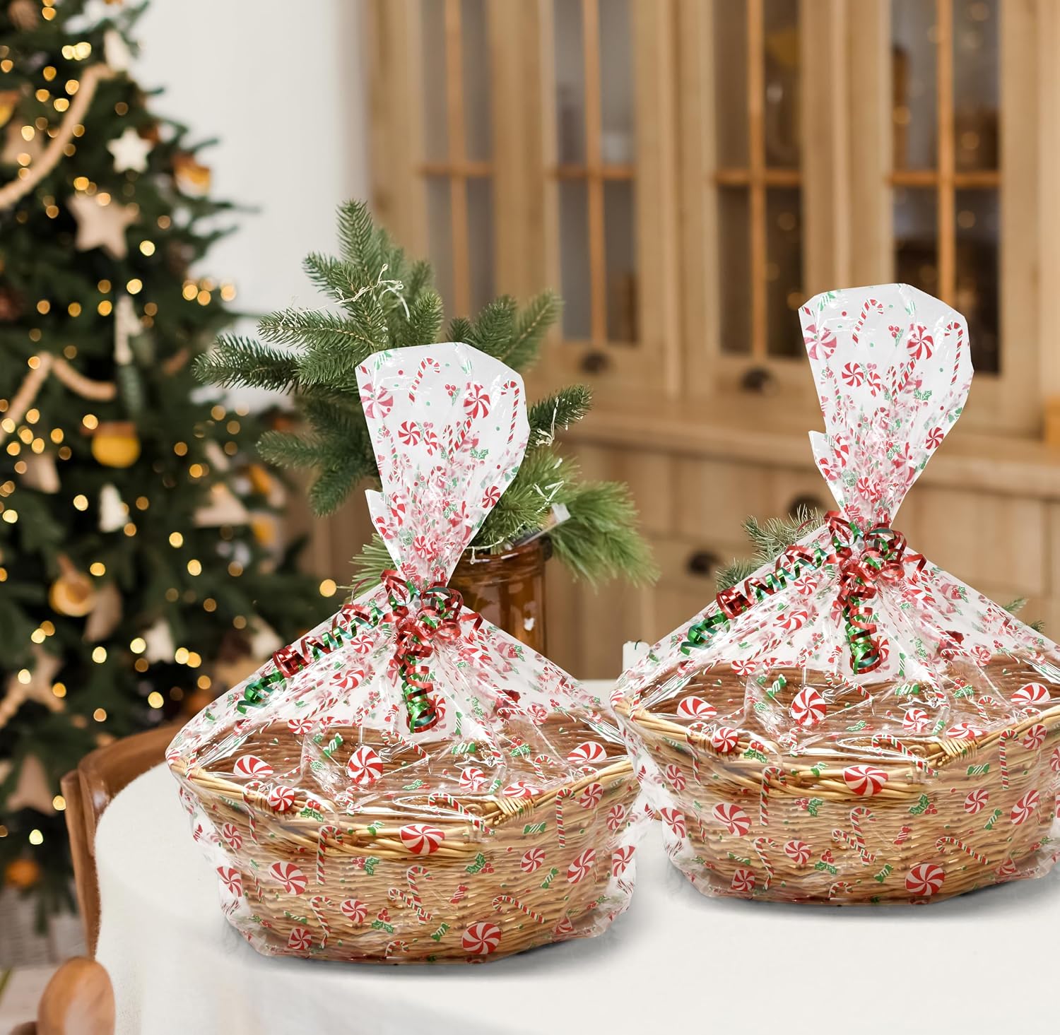 Gift Boutique Bolsas de plástico de celofán de Navidad con lazos giratorios, paquete de 24 bolsas de celofán para galletas de Navidad, bolsas de