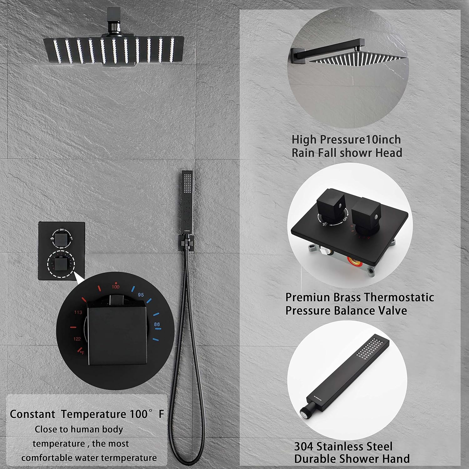 Sistema de ducha termostático con ducha de mano, cabezal de ducha cuadrado negro de alta presión de 10 pulgadas, válvula de ducha deslizante de