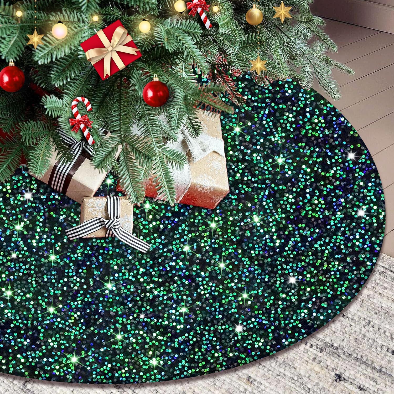 FUHSY Falda de árbol de Navidad de 36 pulgadas, falda de árbol de lentejuelas verde y negra, alfombrillas gruesas de terciopelo para árbol de
