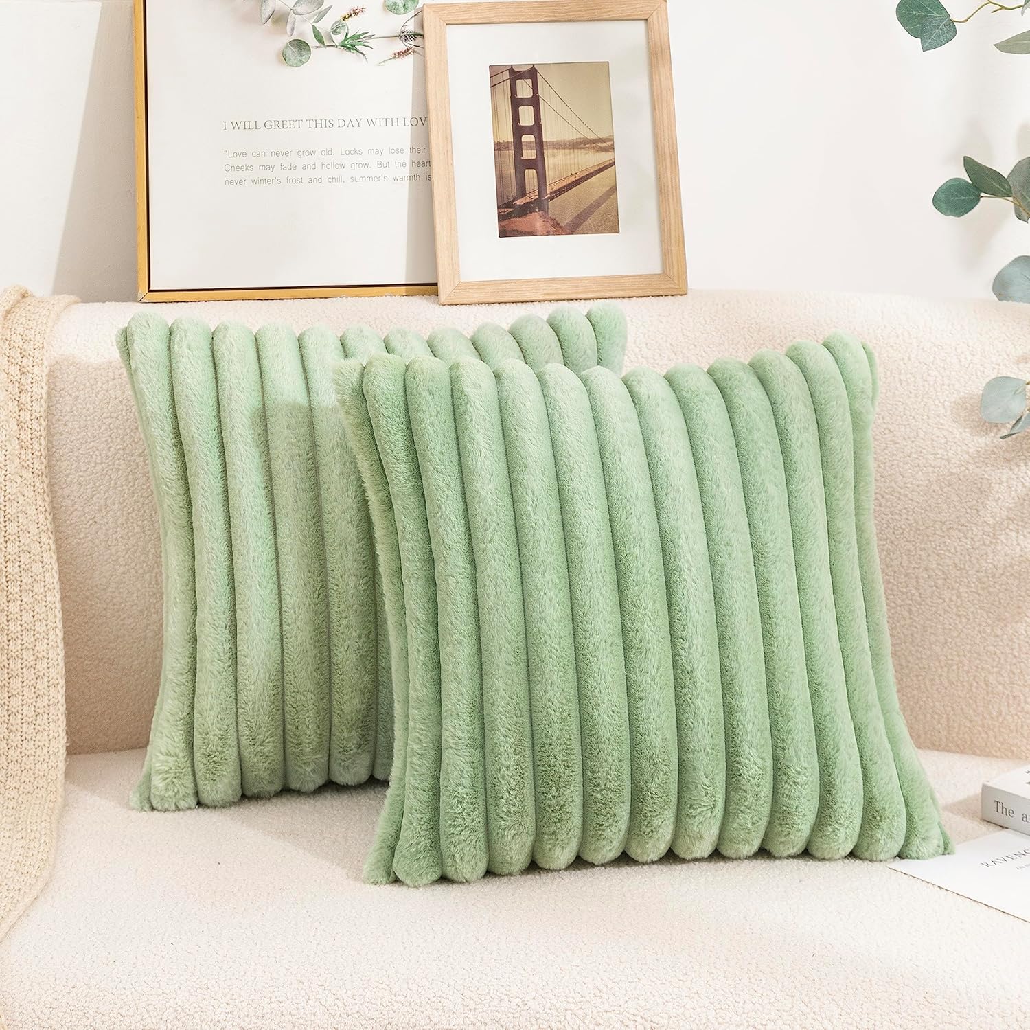 Uhomy Juego de 2 fundas de almohada decorativas de piel sintética para el hogar, de lujo, súper suaves y peludas, a rayas, para sofá, dormitorio,
