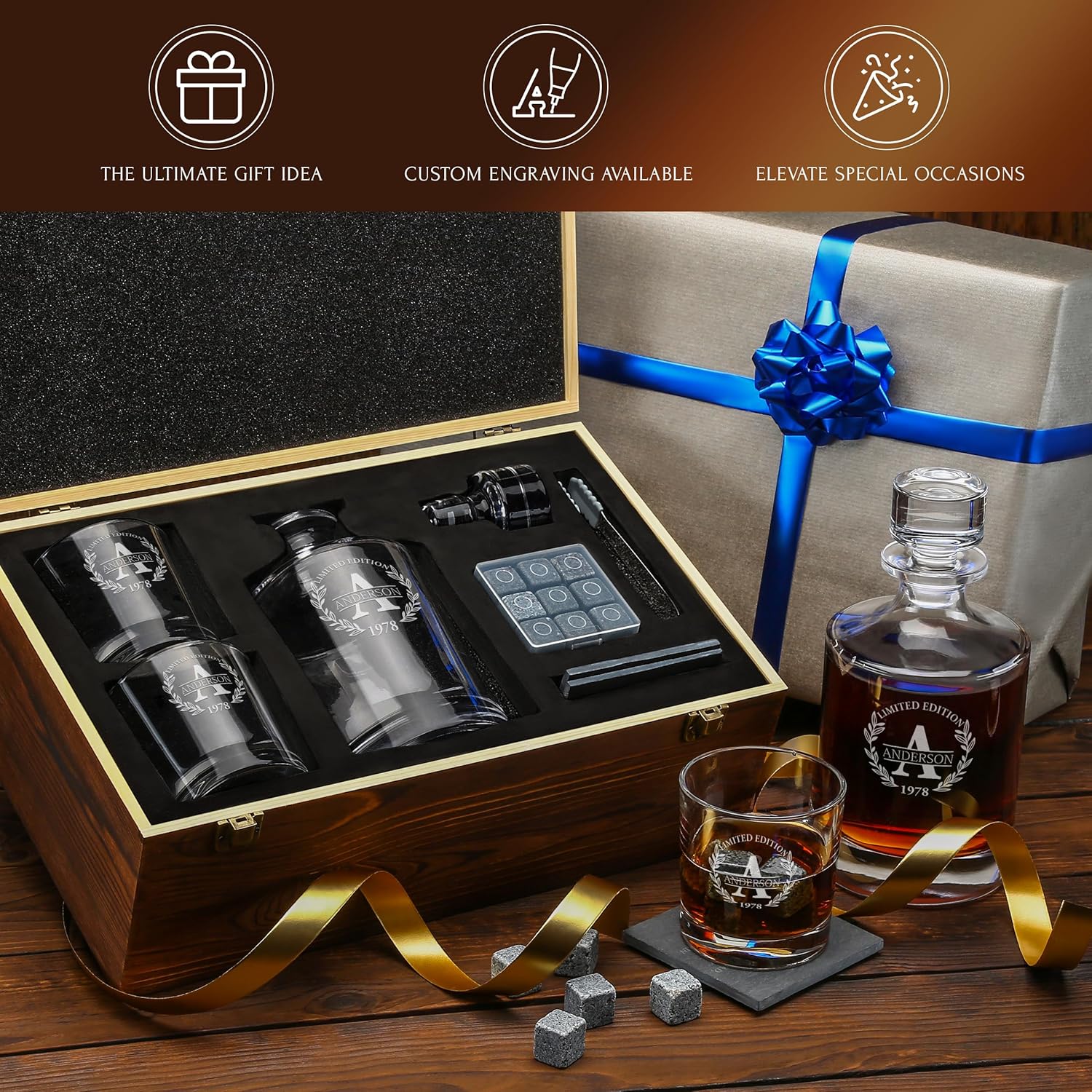 Juego de decantador de whisky personalizado y piedras, regalo personalizado para él, hombres, papá, padre, decantador clásico redondo grabado,