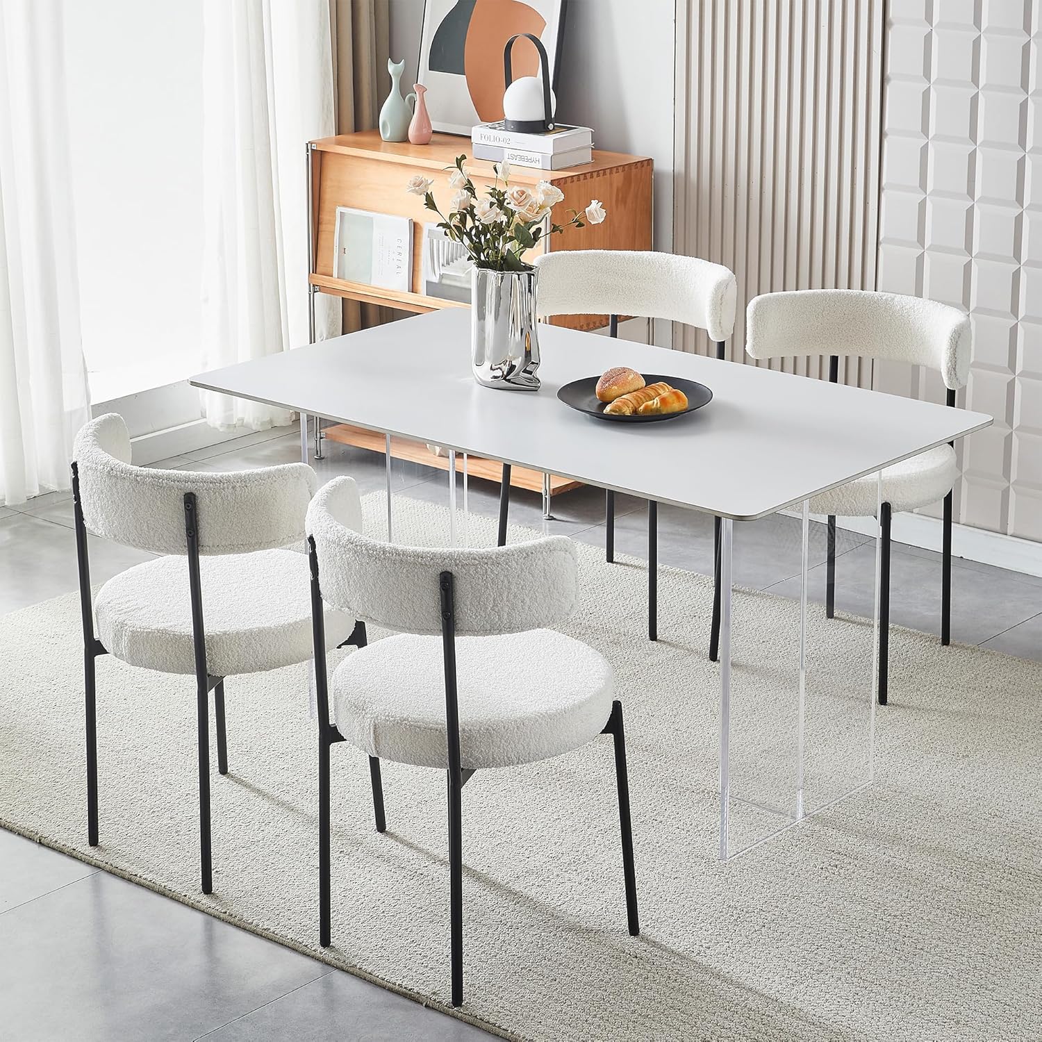 Honyee Sillas de comedor blancas, modernas sillas de comedor juego de 4, sillas de comedor redondas de forro polar de peluche, sillas de comedor con