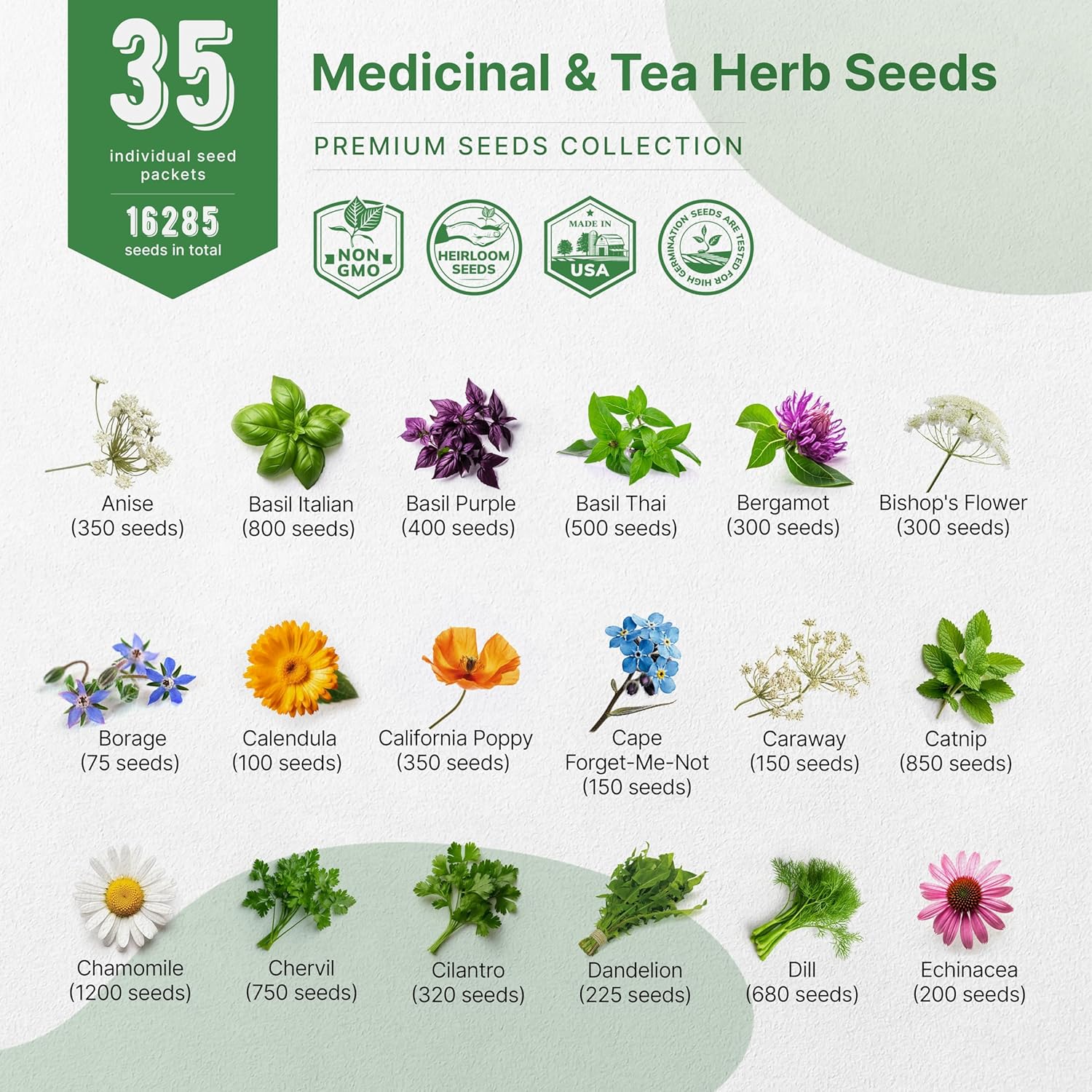 Paquete variado de 35 semillas de hierbas medicinales y de té para plantar en interiores y exteriores. Más de 8200 semillas de jardín herbales sin